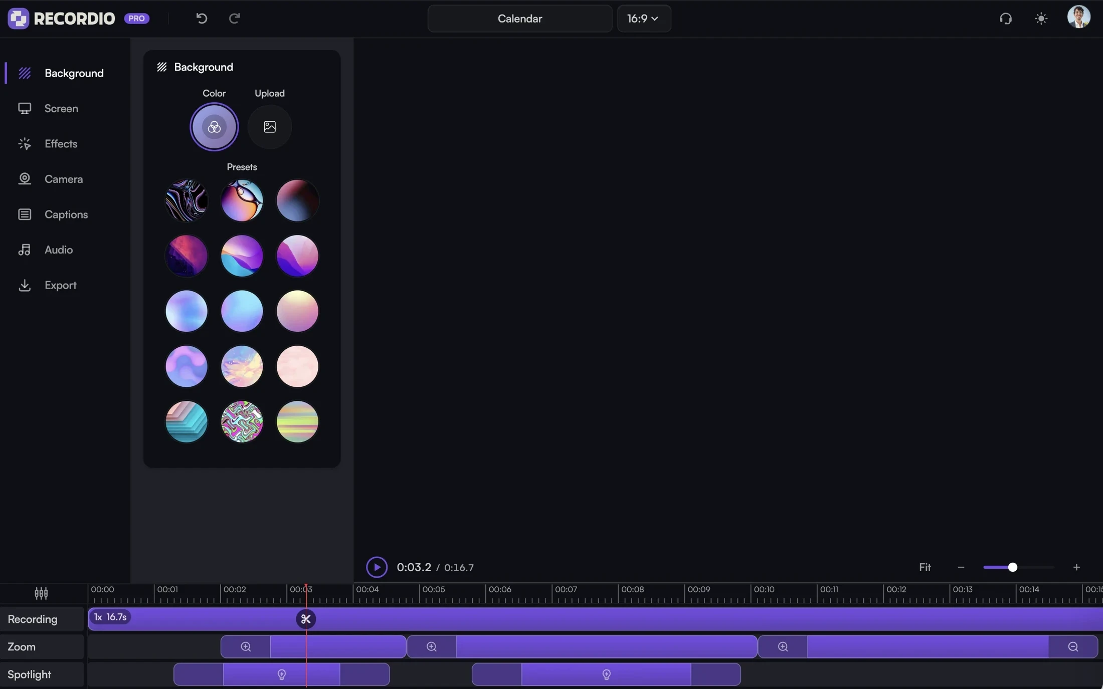 The Recordio editor with zoom keyframes shown on the timeline